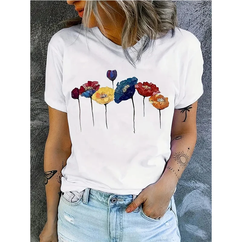 

Винтажная футболка больших размеров с графическим рисунком, футболка с цветочным принтом, женская повседневная футболка с круглым вырезом и короткими рукавами, обычные топы