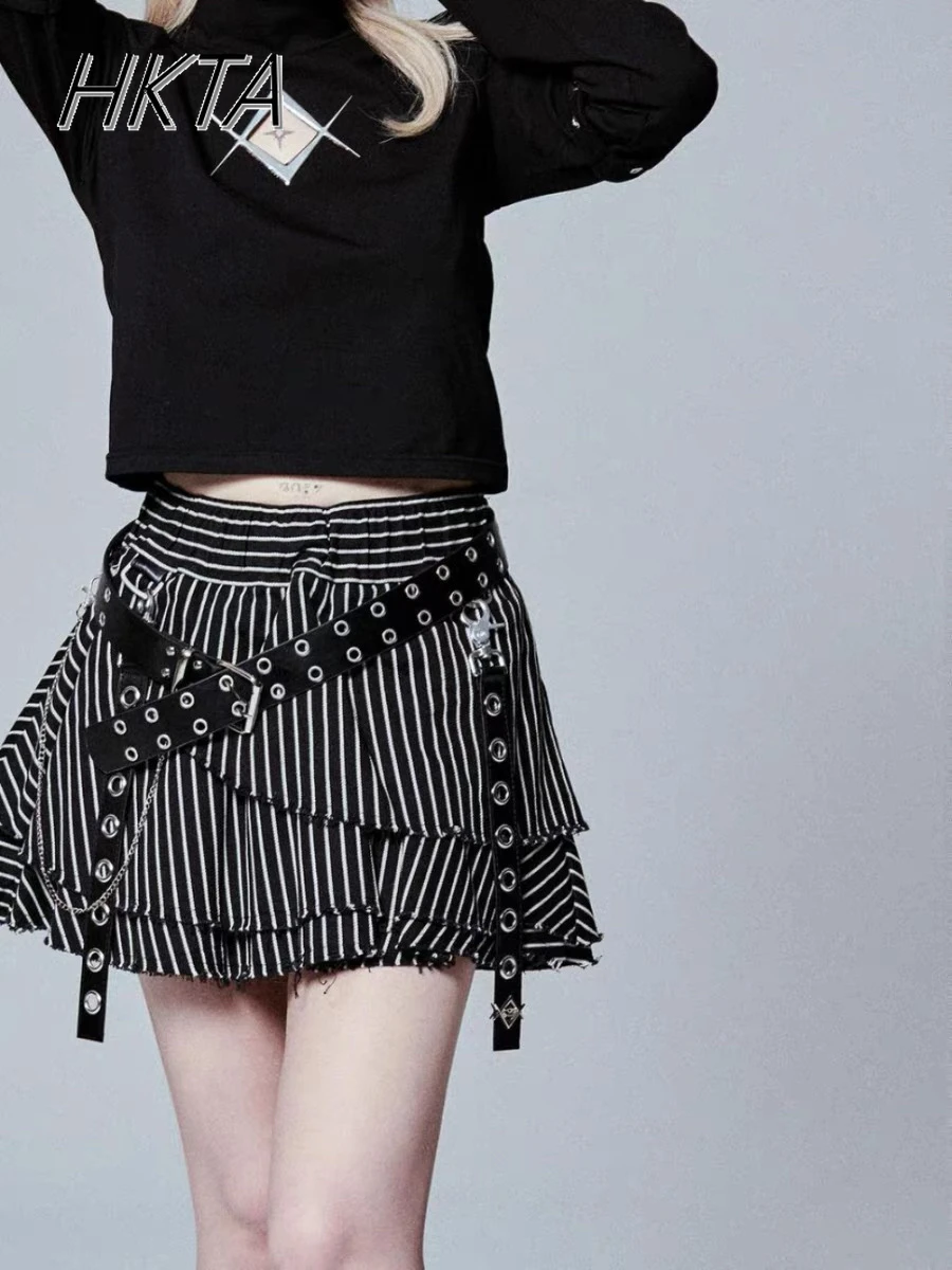 Japanese Striped Color Matching Belt Hot Girl Balck Skirts Women Subculture Goth Y2K Street Pleated Irregular Short Skirt Female