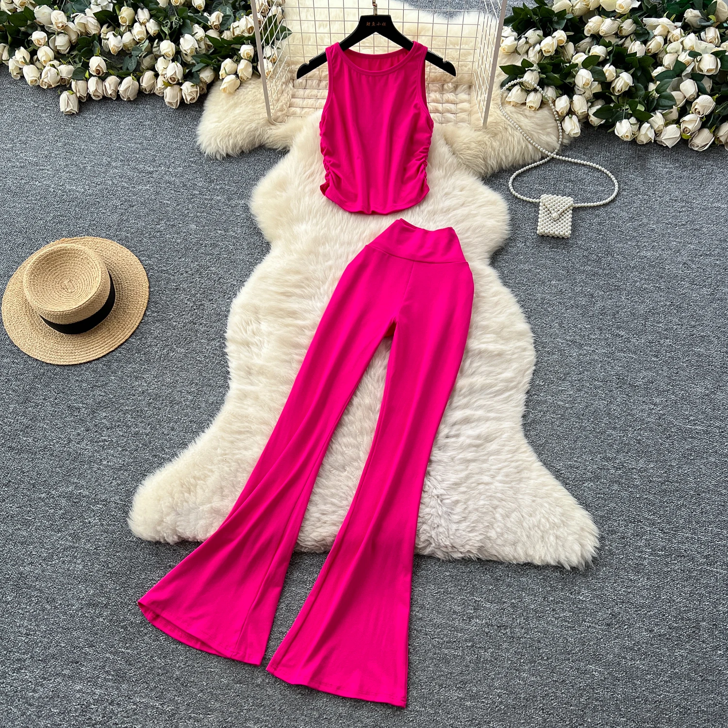

Women casual Two Pieces Sets Chic sleeveless O-Neck slim Top Fashion High Waist Summer Elastic Waist Wide Leg Pant Sets