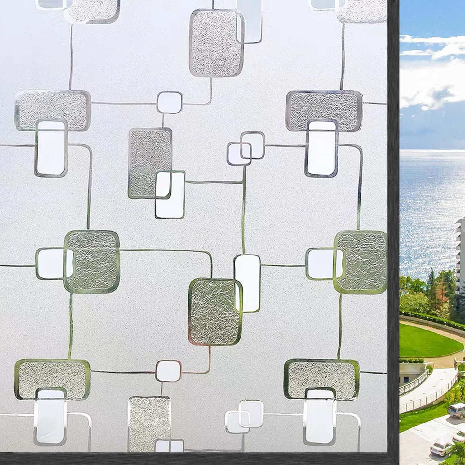 Static Cling Window Privacy Film, Geometric Square Frosted Glass Sticker  Anti UV Heat Control Non‑Adhesive Window Film for Home