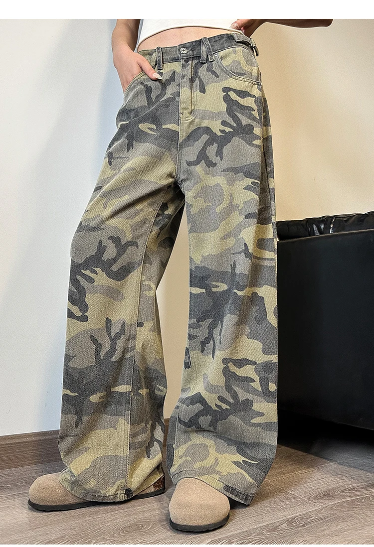 Green Camouflage Womens Jeans High Waist Vintage Straight Baggy Y2K Denim Pants Hip Hop American Fashion Wide Leg Denim Trouser