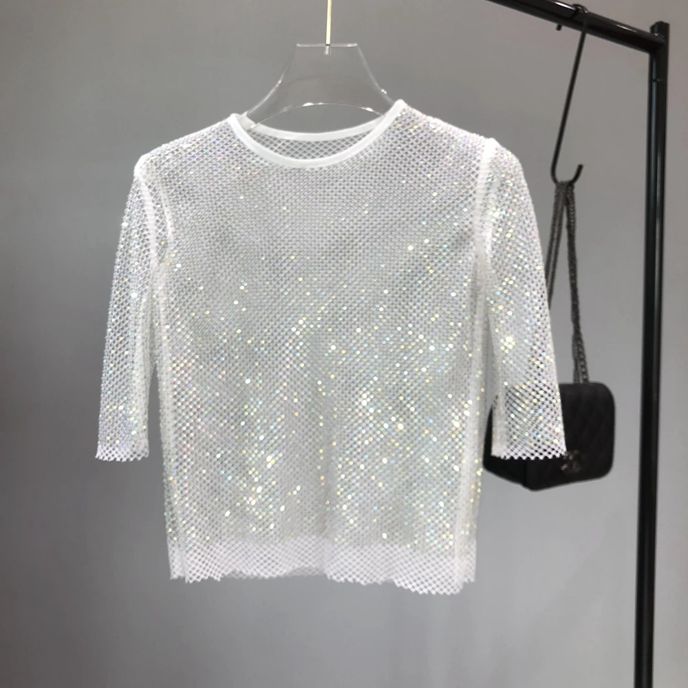 

Mesh Diamond Crystal Coat Diamond Ultra Fairy Inside Take Party Bling Hollow-out Unlined Upper Garment and Shiny T Shirt