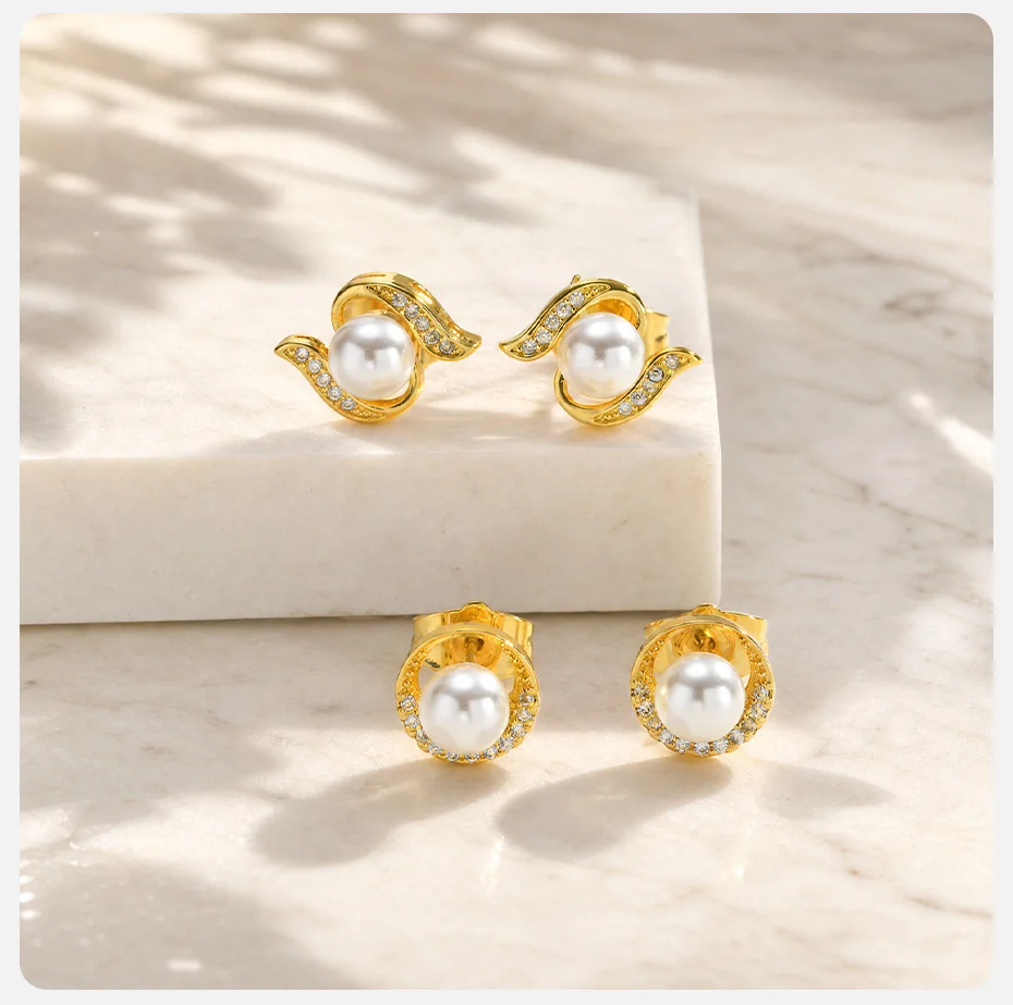 Vnox Exquisite Kupfer-Ohrringe mit geometrischen Imitationsperlen für Damen, trendige, vergoldete, glänzende Zirkon-Ohrstecker, Hochzeitsschmuck – Detail 5