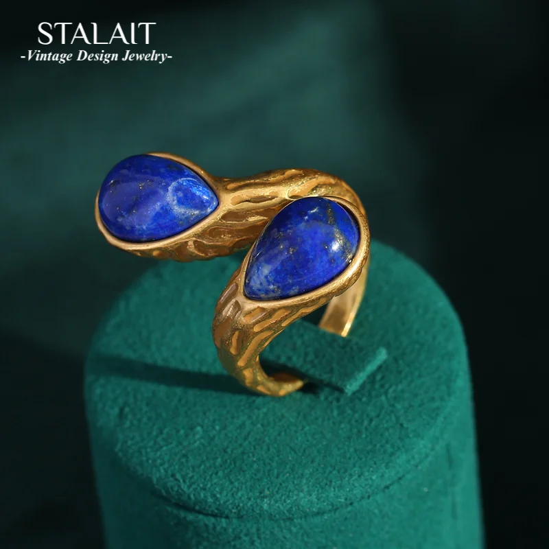 

Vintage Water Drop Knot Set with Blue Natural Stone Water Droplet Rings Unique Hand Finger Jewelry for Women Adjustable Opening