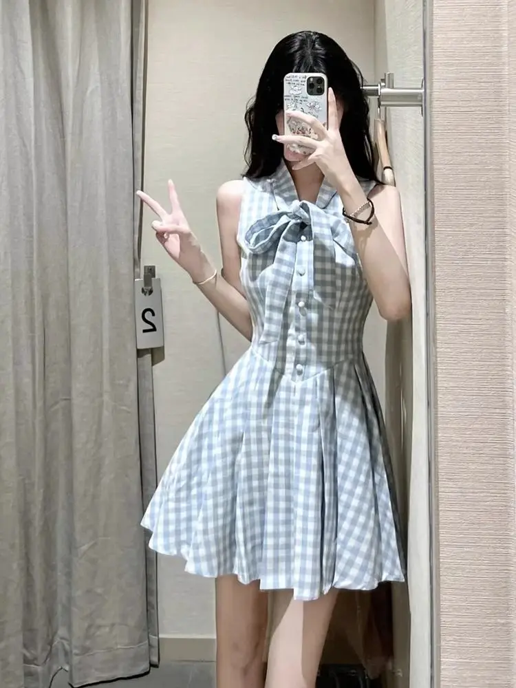 

French Sweet Blue Sleeveless Plaid Dress for Women New Summer Style with Bow and Temperament Pleated Short Skirt
