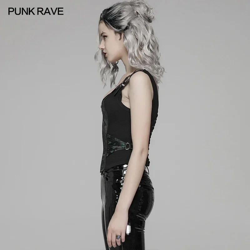 PUNK RAVE Women's Gothic Front Zipper Lacing Jacquard Vest Steampunk Club Fashion Women Waistcoat Tops