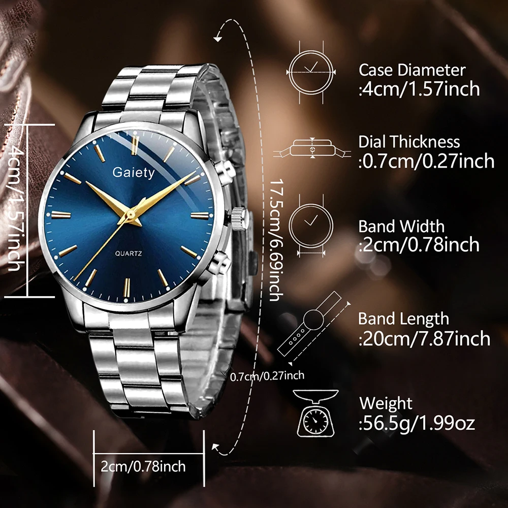 4PC Silver Men Watch Set Business Trend Simple Lines Scale Blue Round Dial Quartz Watch Bracelet Necklace Ring Set Perfect Gift