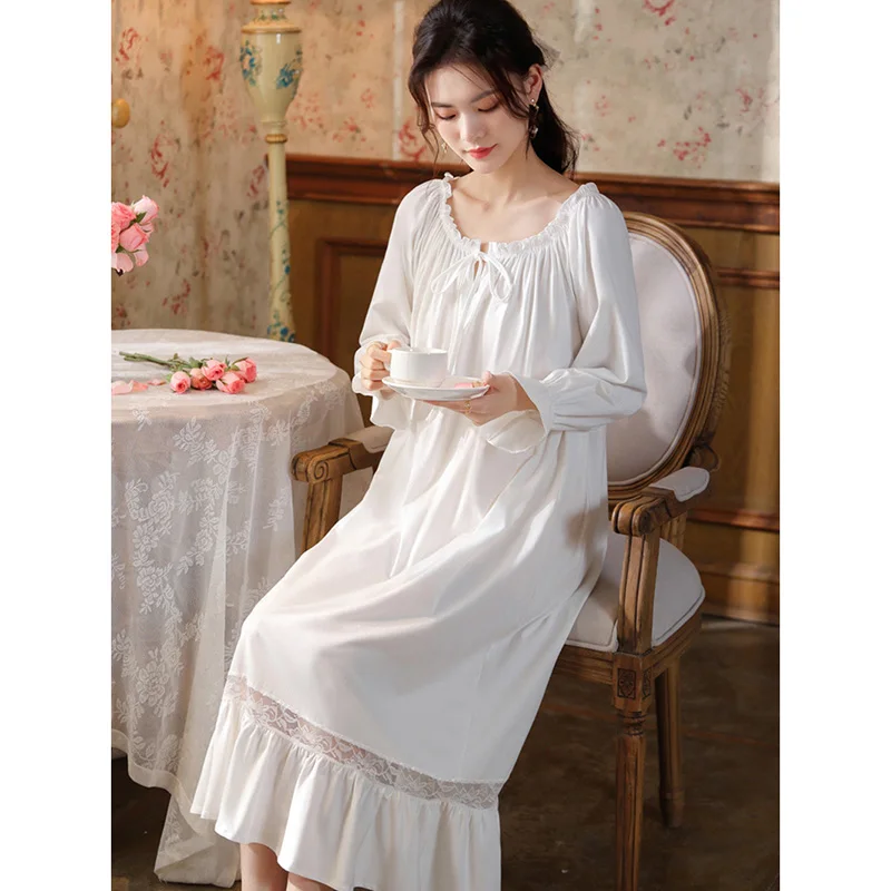 

Long Sleeved Nightgown for Women Spring French Retro Vintage Loose Lace Princess Sleepwear Home Wear Autumn Nighty Clothes