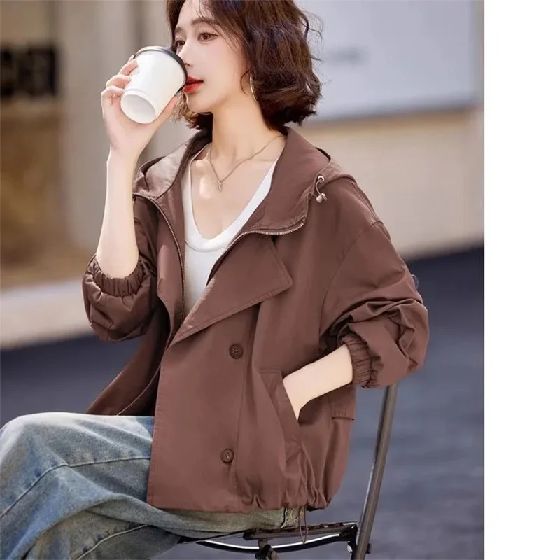 

Double-Layer Short Windbreaker for Petite Women with Fashion Design 2026 Spring Autumn Casual Hooded Jacket Trendy Trench Coat