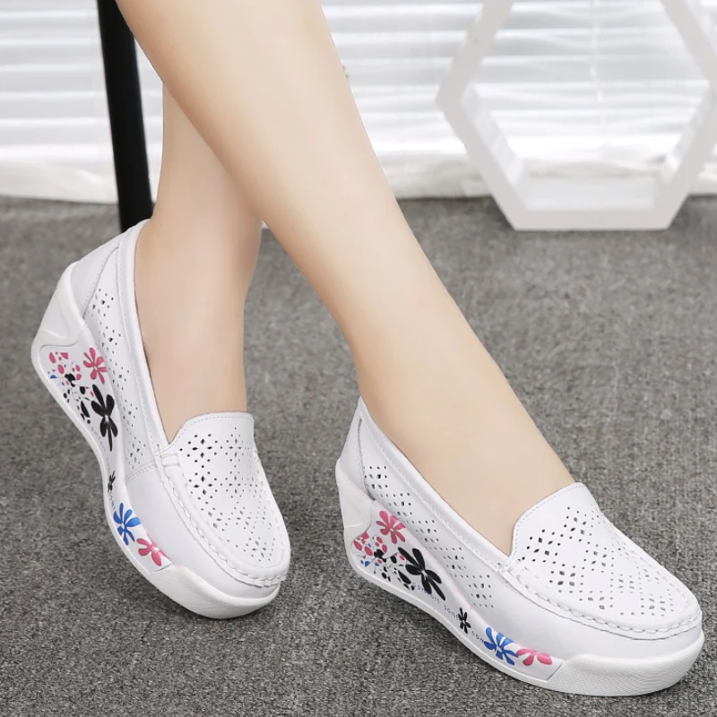 Wedge Platform Loafers Summer Hollow Leather Floral Women\'s Single Shoes Nurse Vulcanized Shoes Zapatillas Plataforma Mujer