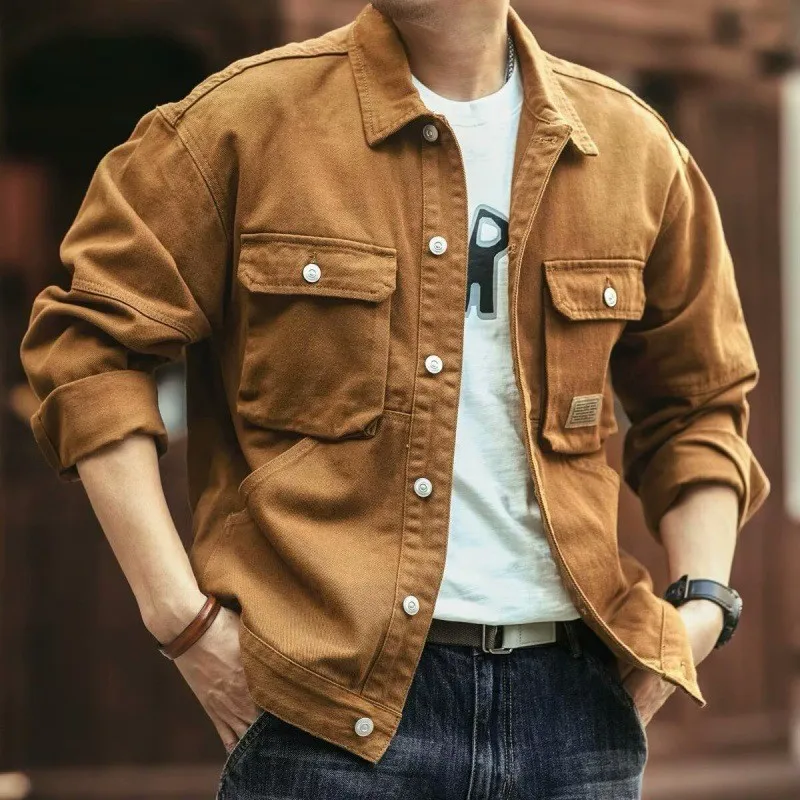 Retro Denim Coats Spring Autumn Solid Color Tooling Jacket Men's Loose Washed Lapel Spliced Designs with Pockets Top Men Coat