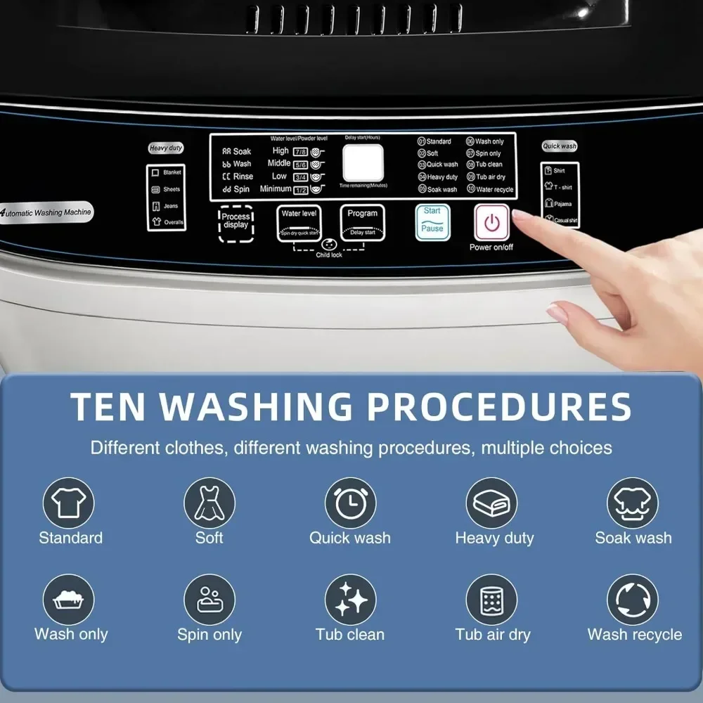 15.6lbs Full-Automatic Washing Machine, Portable Laundry Washer with Drain Pump, 10 Programs 8 Water Levels with LED Display