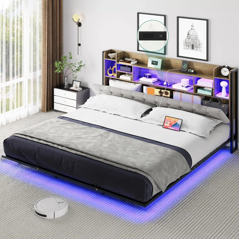 

LED King Size Floating Bed Frame, Upholstered Platform, Headboard Storage and Charging Station, No Box Spring Needed