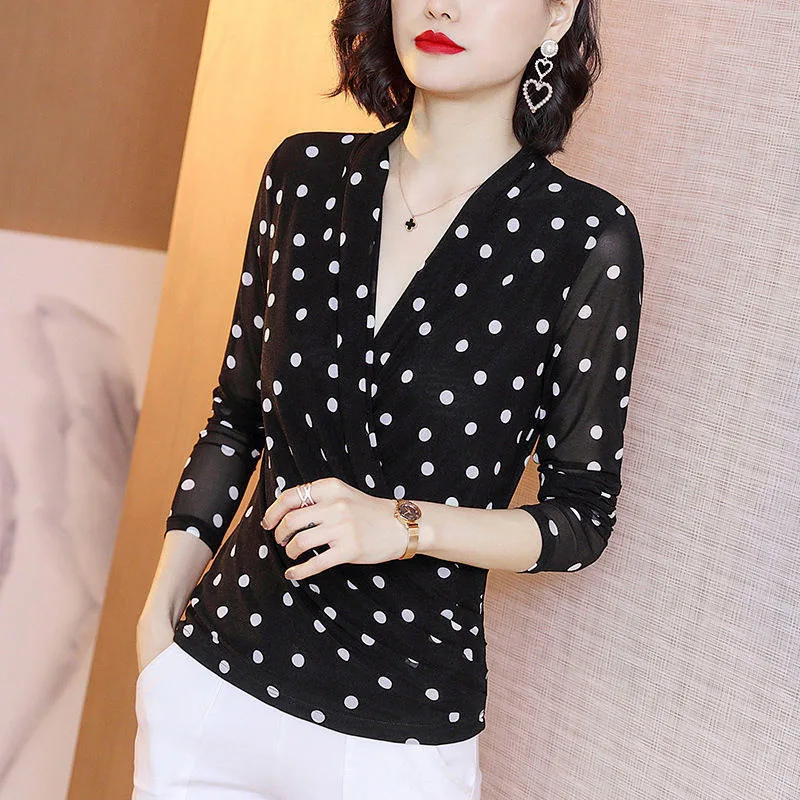 Elegant Polka Dots Mesh Office Ladies Basic Tops Women Spring Summer V-neck Long Sleeve All-match Slim Temperament Blouse Shirts