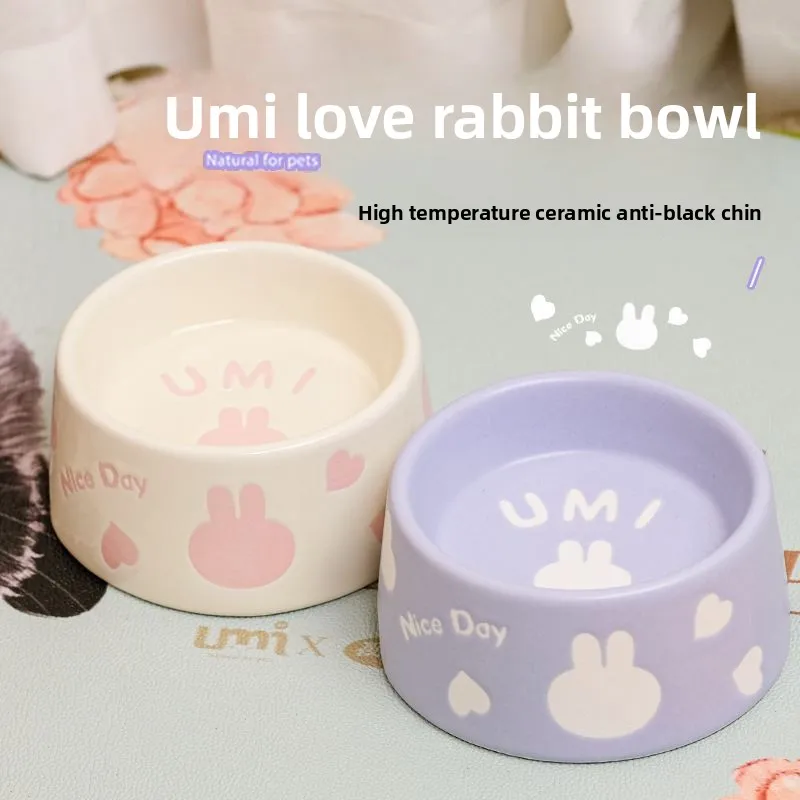 

High Temperature Ceramic Rabbit Bowl Food Dish Anti Flip Anti Pull UMI Heart Rabbit Bowl Pet Supplies Black Chin Proof