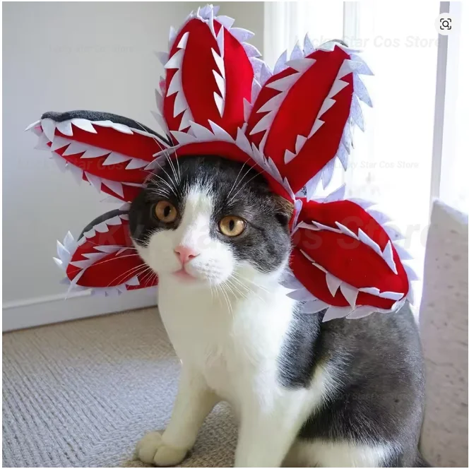 

2025 Funny Cat Hat Demogorgon Scary Flower Costume Birthday Pet Accessories Supplies Pet Dogs Headwear Adjustable Sticker