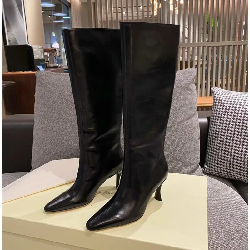 2024 New Pointed High Heels Knee Length Boots Fashion and Sexy Women's Leather Boots Knight Mid Length Boots Autumn and Winter