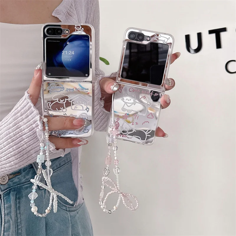 

Зеркальный чехол для телефона Korean Line Puppy Cat для Samsung Galaxy Z Flip 7 6 5 4 3 Flip6 Flip7 с цепочкой, милые жесткие чехлы с мультяшным рисунком