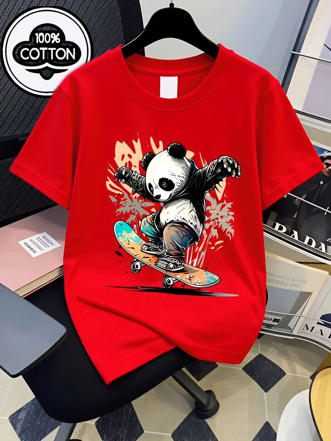 Children's T-shirt Casual T-shirt Panda Skateboard Pattern Printed Pattern Children's Clothing Fun Pattern Parent Child Clothing