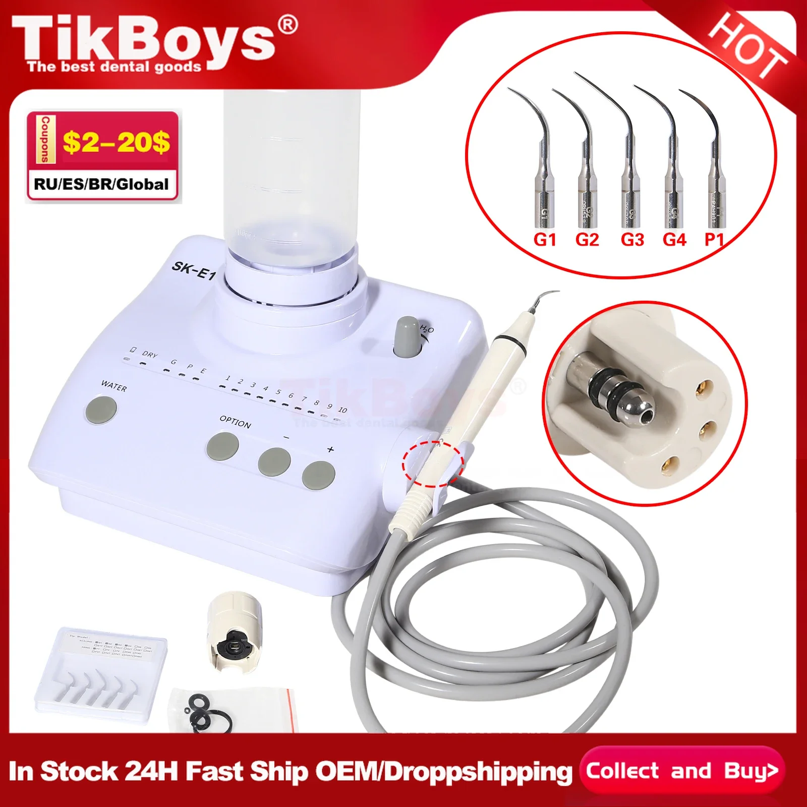 

For EMS WOODPECKER Dental Ultrasonic Piezo Scaler Portable Handpiece +5 Scaler Tips 2 Bottle Auto Water Supply Clean