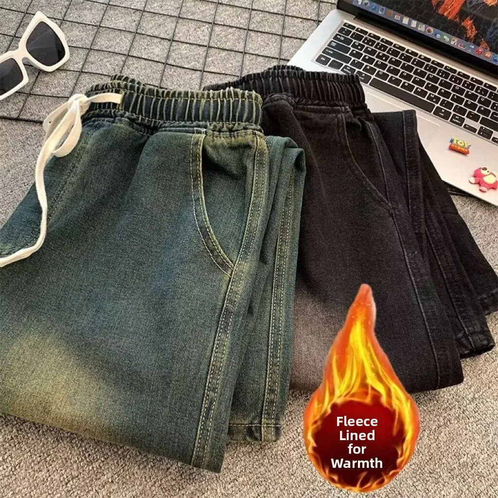 

Thiened Fce Lettering Men's Jeans Hip Hop Street Sle Trendy High Waist Straight Leg Cotton Polyester Blend Winter Wear