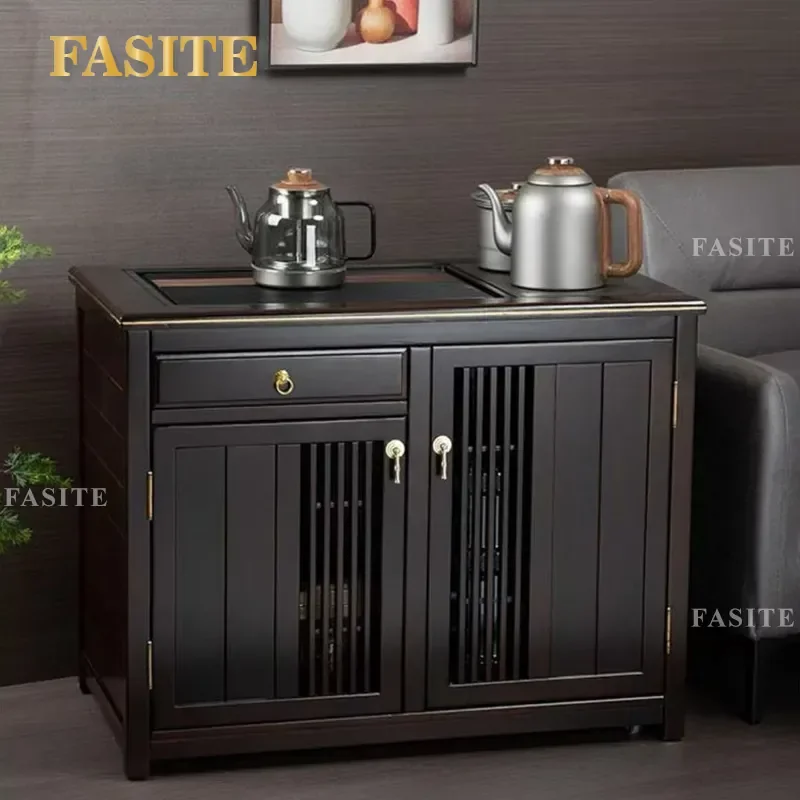 For New Chinese Style Ebony Solid Wood Tea Cabinet with Wheels Living Room Dining Sideboard Kettle Storage Table All Solid