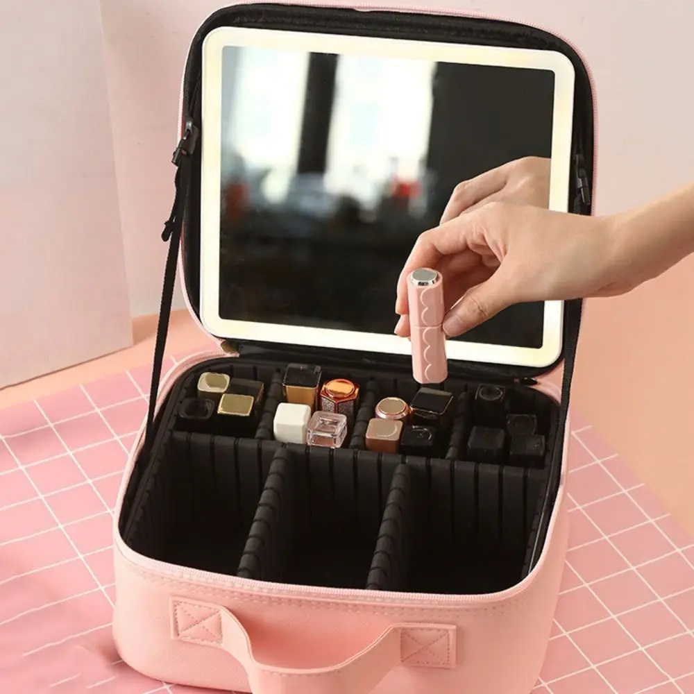 

Detachable Partition Large Capacity Makeup Bag Waterproof Handheld Cosmetic Organizer Bag Adjustable LED Light Mirror Bag