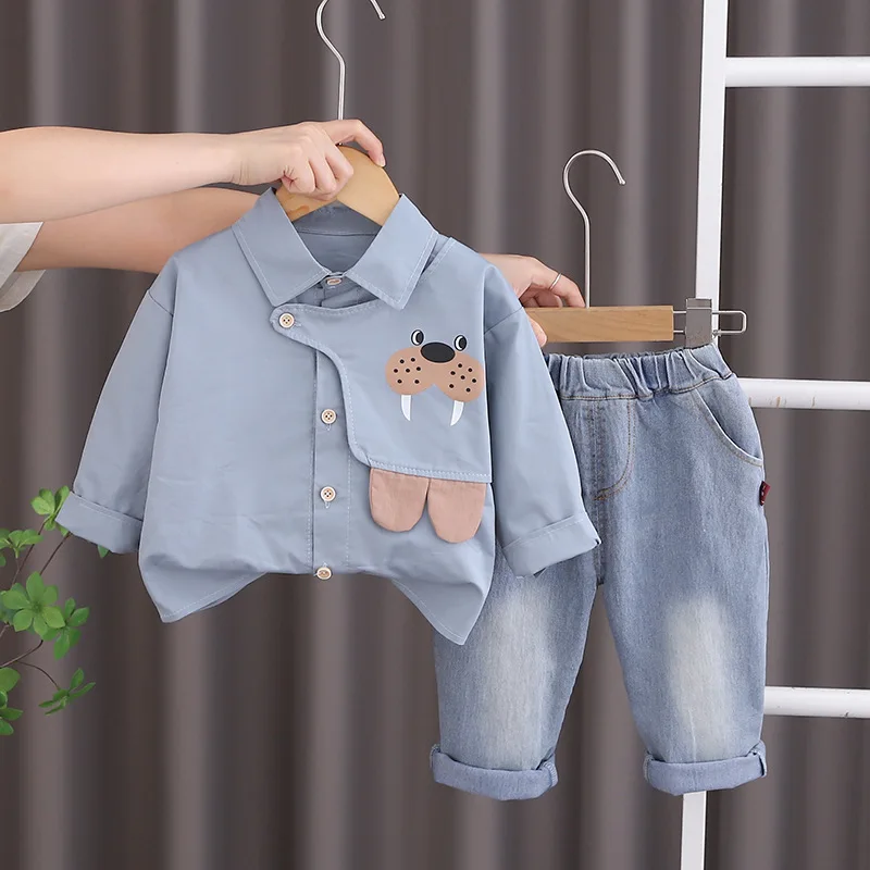 Toddler Baby Boys 2Pcs Spring Outfit Lapel Collar Long Sleeve Shirt Elastic Waist Denim Pants