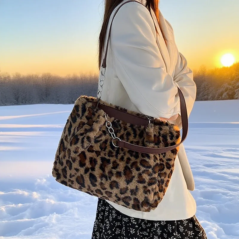Plüsch Schulter Unterarm Handtasche Frauen Leopard Tragetaschen Dame Luxus Flauschigen Schulter Tasche Kette Große Kapazität Pendler Griff Tasche