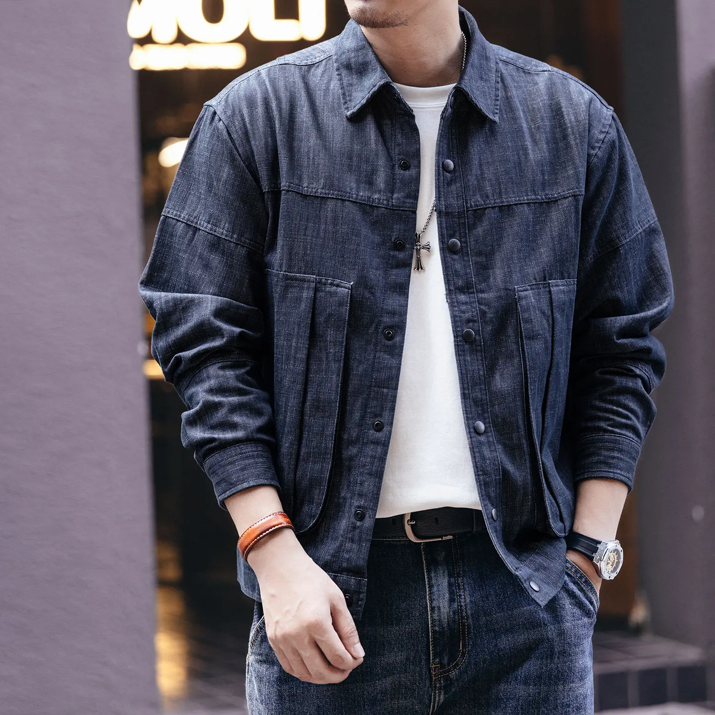 Men's Spring and Autumn's new high-end trendy brand denim jacket, loose washable jacket shirt
