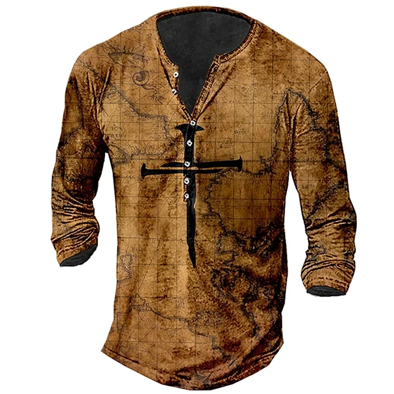 Vintage V-neck Henley Shirt Navigation 3d Gothic Long Sleeve T Shirt For Men 5xl Oversized Tops Tee Shirt Man Punk Streetwear