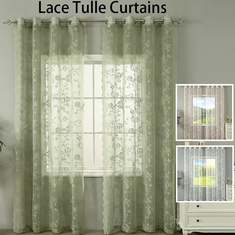 

1/2 pcs Tulle Curtains Vintage Luxury Lace Sheer Eyelet Roses Pattern Window Curtains for Living Room/Bedroom/Kitchen Decoration