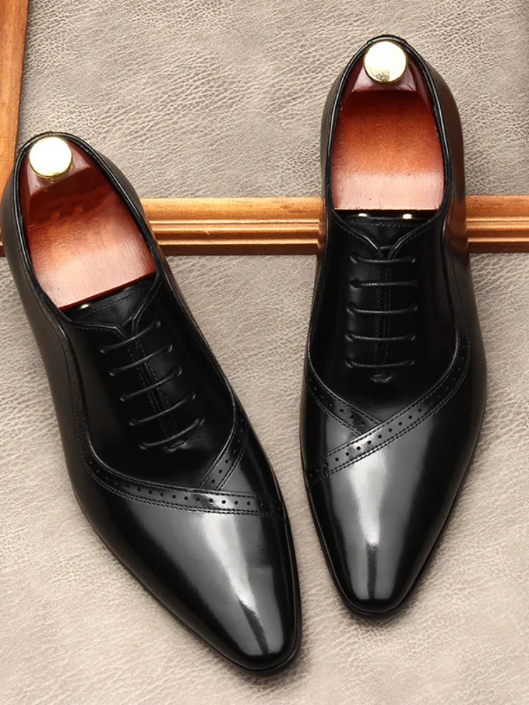 

Premium Cowhide Leather Dress Shoes Men British Style Pointed Toe Lace-up Genuine Leather Oxford Formal Shoes