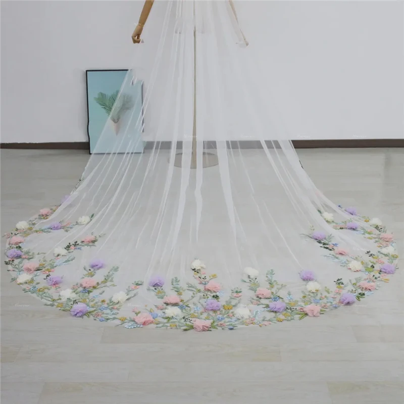 3 D Organza Flowers Floral Bridal Wedding Veils Cathedral For Brides Unique Colorful Leaves Pink Green Blue White Ivory Tulle