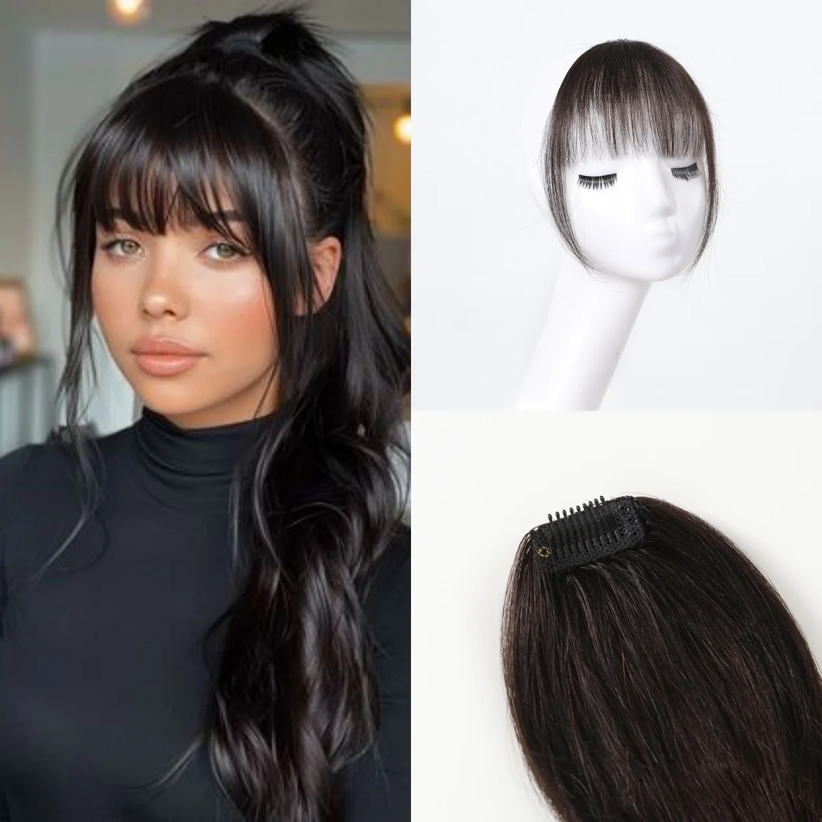 Bangs Hair Clip in Bangs 100% Real Human Hair Extensions Wispy Bangs French Bangs Clip on Air Bangs Women Natural Black Daily