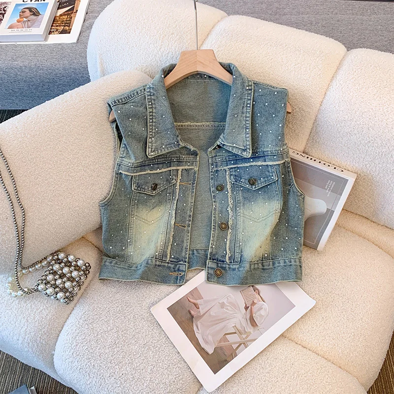 2024 Summer Women New Frayed Burrs Diamond Short Cowboy Waistcoat Light Blue Slim Lapel Sleeveless Denim Vest Female Basic Coat