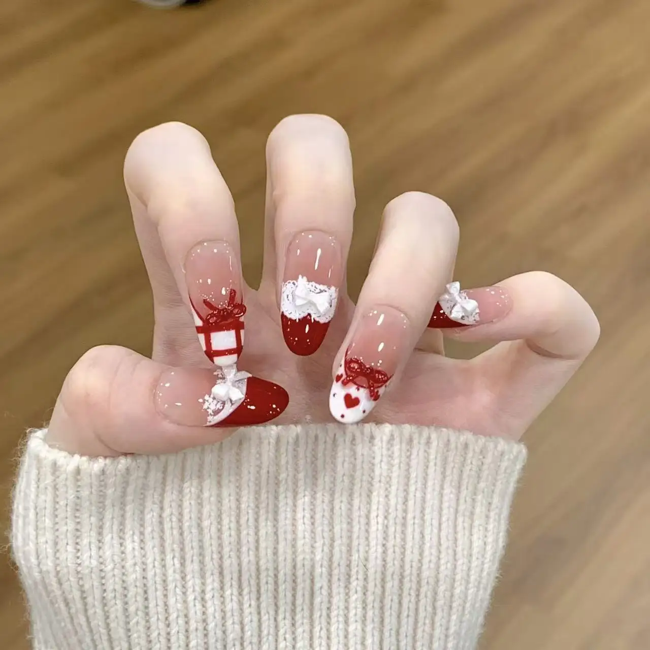 10pcs Handmade Press on Nails Red French Lace Plaid Bow Full Coverage Nail Tips for Women&Girl Detachable Wearable Nail Art