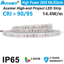 High Power 2835 60LEDs/m LED Strip Lights,CRI95/90 14.4W/m 12V/24V IP65 Waterproof White LED Tape Light for Bathroom,Kitchen