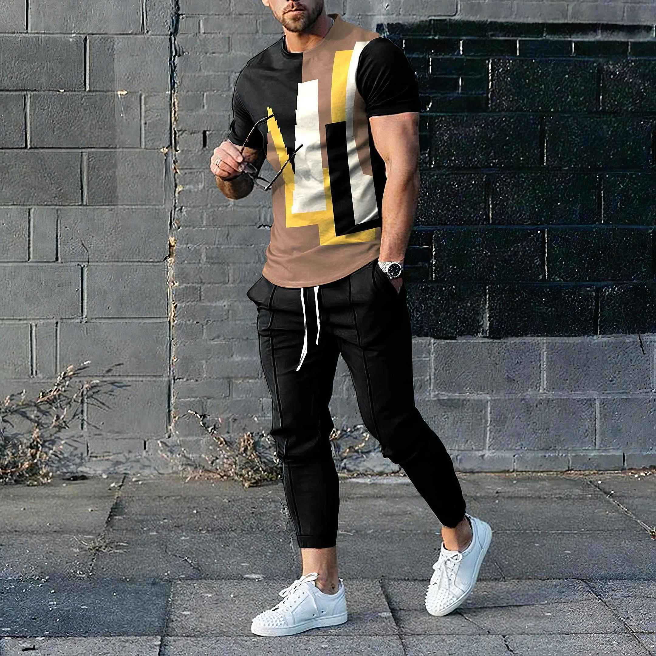 

Мужской комплект из футболки с коротким рукавом и спортивных брюк, 2 предмета, мужская мода Y2K, уличная одежда, мужской комплект с круглым вырезом, футболка и брюки, спортивный костюм для мужчин
