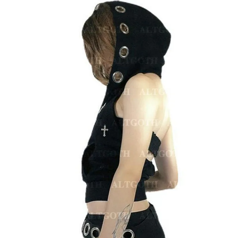 2024 Harajuku Emo Alt Dark Vest Women Y2k E-girl Streetwear Gothic Cross Hooded Crop Tank Top Cyberpunk Grunge Outfits Female