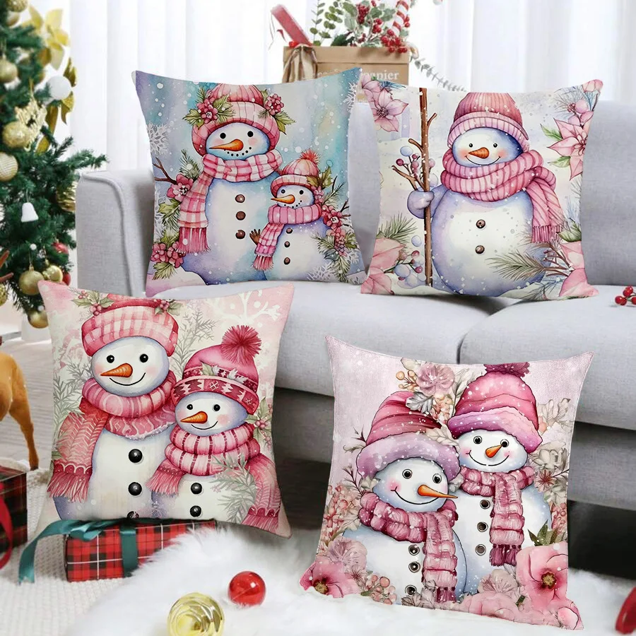 

1pc Pink Christmas Cushion Cover Snowman Print Pillowcase Durable Cover 2025 New for Home Ornament Xmas New Year Christmas Decor