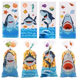 50pcs Cute Cartoon Shark Head Transparent Opp Bag, Ocean Animals Printed Gift Candy Packaging Strip Flat Bags With Gold Ribbon