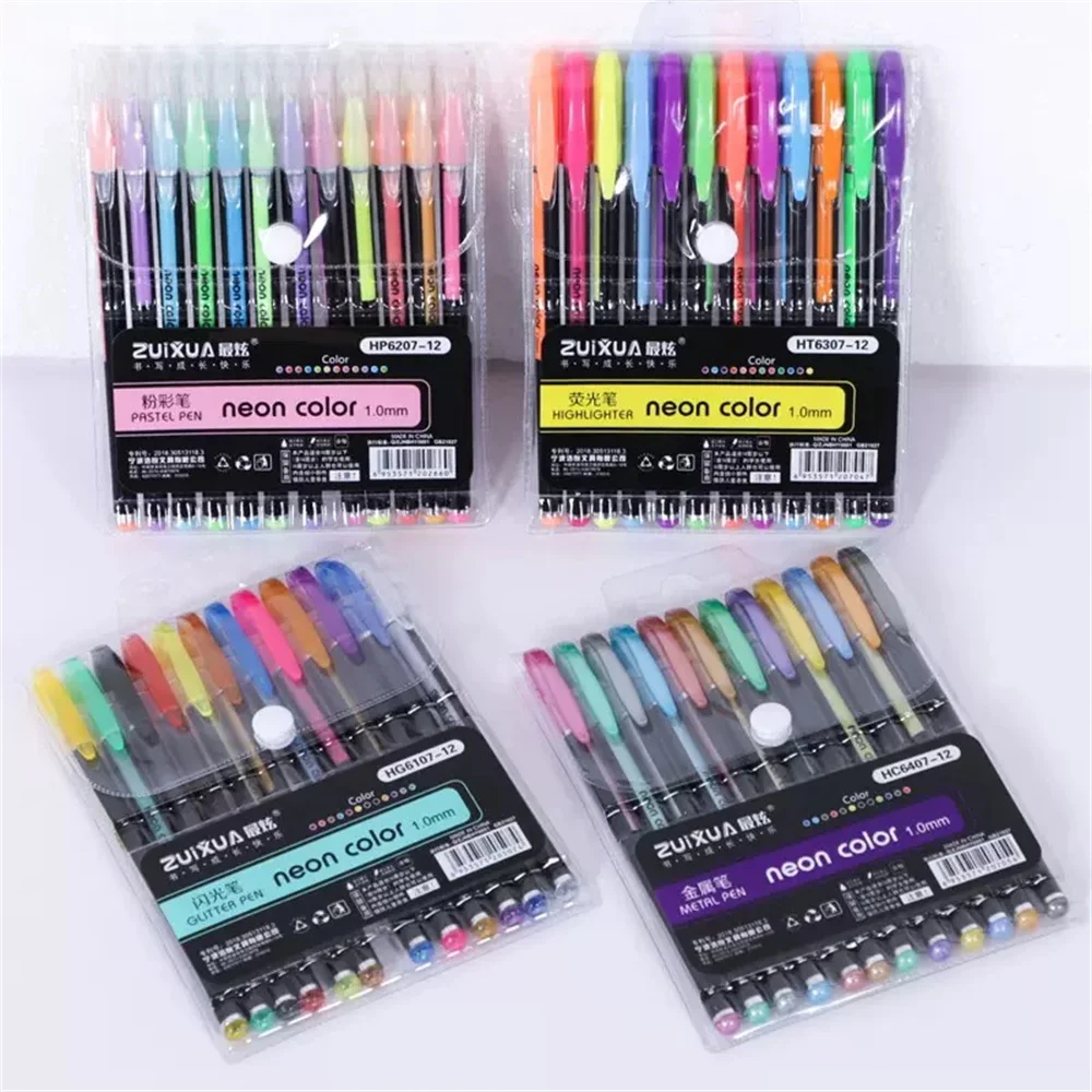 12/24 قطعة ألوان لامعة معدنية جل أقلام عبوات أقلام للمدرسة مكتب الكبار تلوين كتاب المجلات رسم علامات فنية