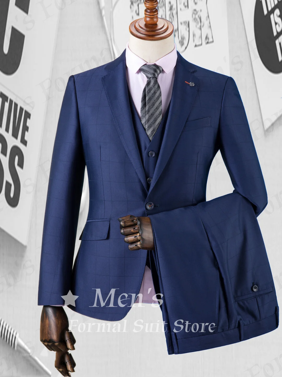 Men Dark Navy Window Check 3 Piece Suit Notch Lapel Single Breasted Slim Fit Business Blazer Waistcoat Trousers Party Customized