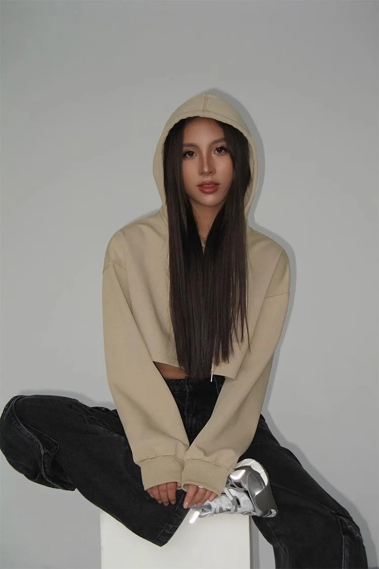 Cropped Hoodie for Women, Drop Shoulder, Cropped Hooded Sweatshirt