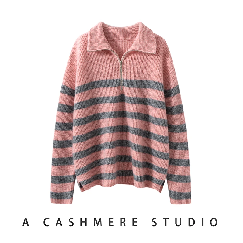 New Women's Polo neck Sweater 100% Cashmere Pullover Autumn Winter Casual Thick Half-Zip Knitwear Korean Popular Clothing Top