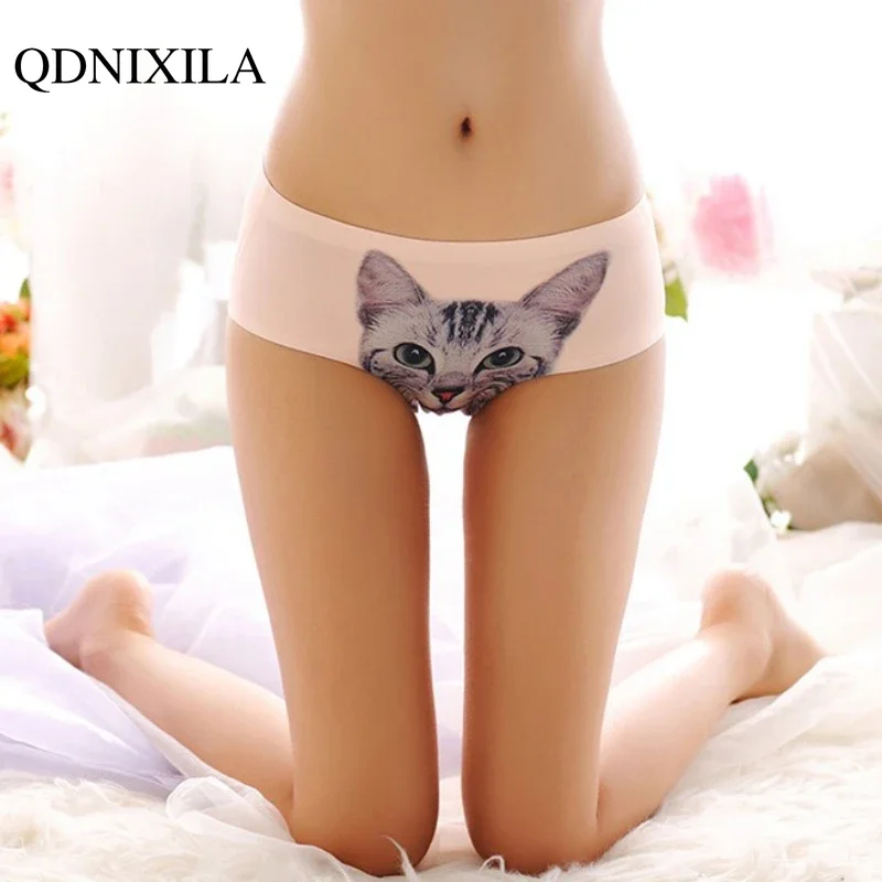 Cute Kitten Panties Women Sexy Ice Silk Girls Low-waist Briefs Cartoon Kawaii Anti-exposure Lingerie for Ladies Female Underwear