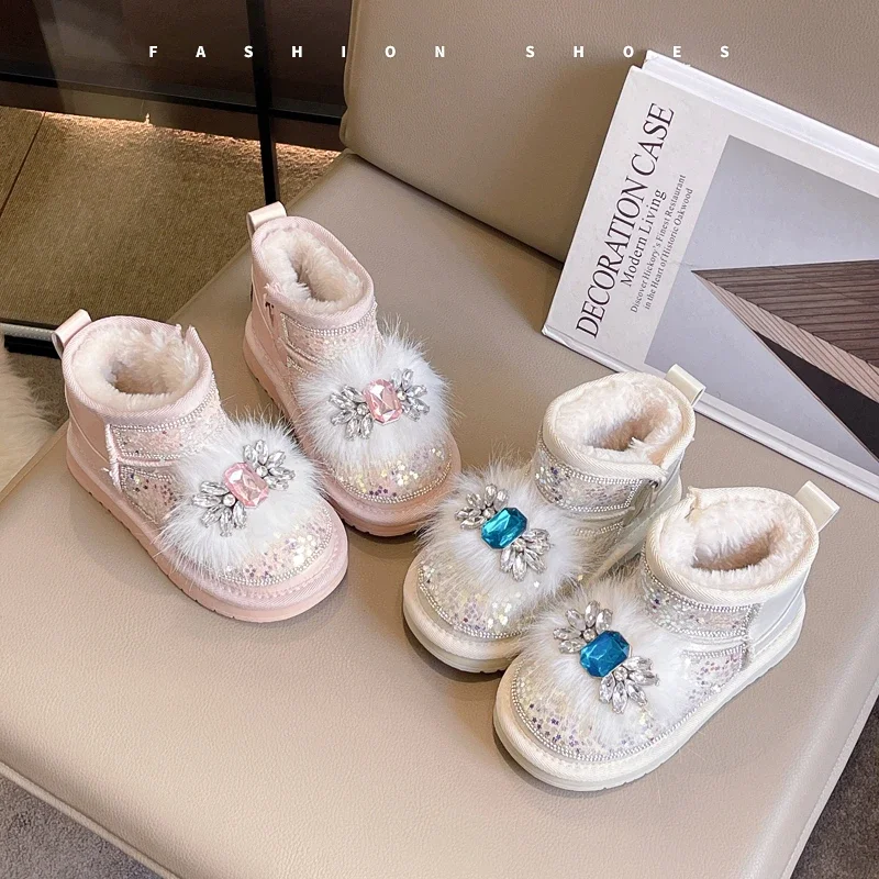 

Сапоги принцессы для девочек, детские короткие сапоги с круглым носком на мягкой подошве и блестящими пайетками, новинка зимы 2025, детские ботильоны на толстом меху