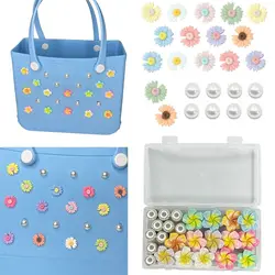 24PCS Flowers Charms for Bogg Bag Decoration PVC Pearl Beach Totes Bags Accessories for Rubber Beach Bag with Holes