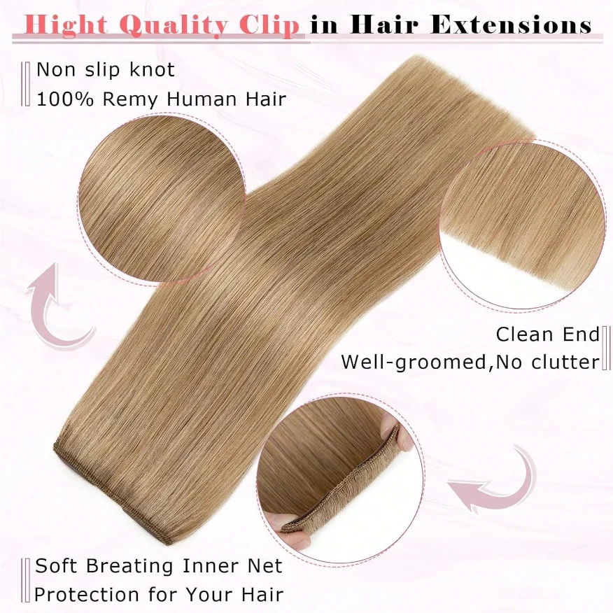 وصلات شعر بمشبك للشعر القصير قطع شعر بشري ريمي بشري حقيقي 8 قطع لكل مجموعة مع 18 مشبك لحمة مزدوجة # 27 أشقر غامق